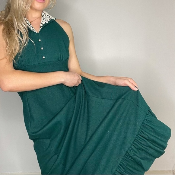 Vintage Green & Cream Lace Halter Top Maxi Dress S - Picture 4 of 15